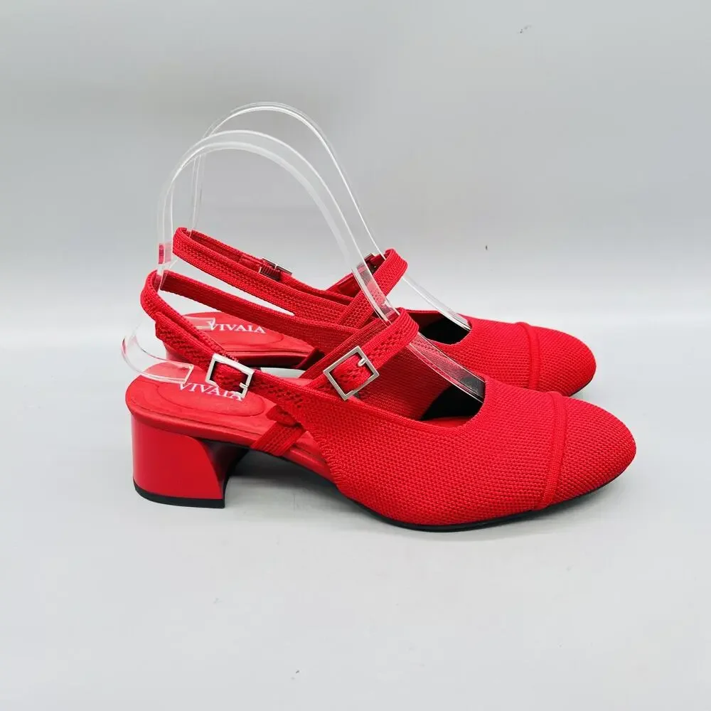VIVAIA Shoes Womens 6 Red Knit Slingback Block Heel Round Toe Pumps Comfort